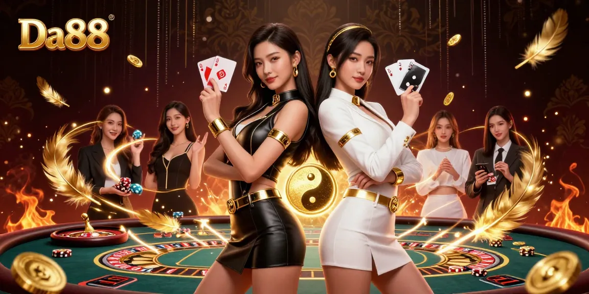 Experience the thrill of Da88 with twin Asian women showcasing powerful playing card poses amid dynamic casino elements.