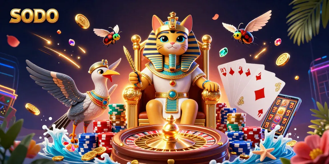 SODO enhances gaming with an Egyptian pharaoh cat and sparkling coins in a vibrant casino scene.