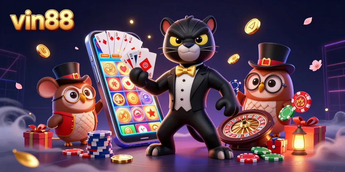 Win at vin88 with a playful scene of a tuxedoed panther, owl, and mouse surrounded by casino games.