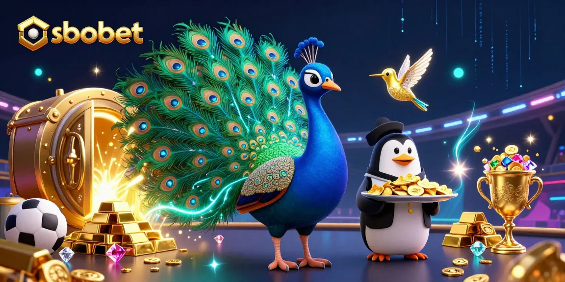 Bet on sbobet with vibrant casino illustration featuring a peacock and sports elements.