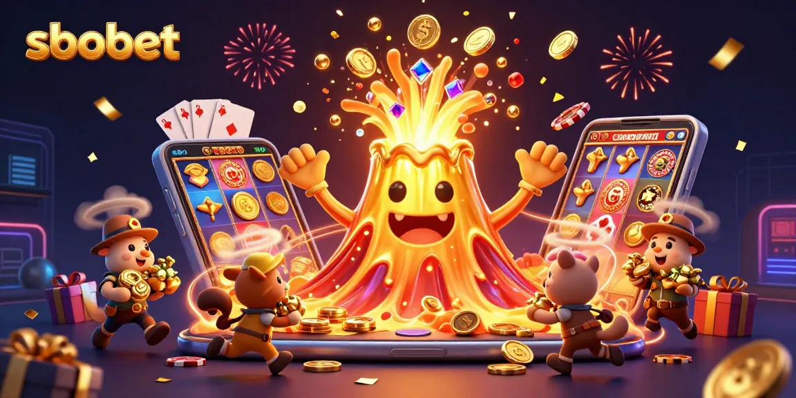 Experience sbobet with a triumphant volcano erupting coins and treasure in this vibrant gambling illustration.