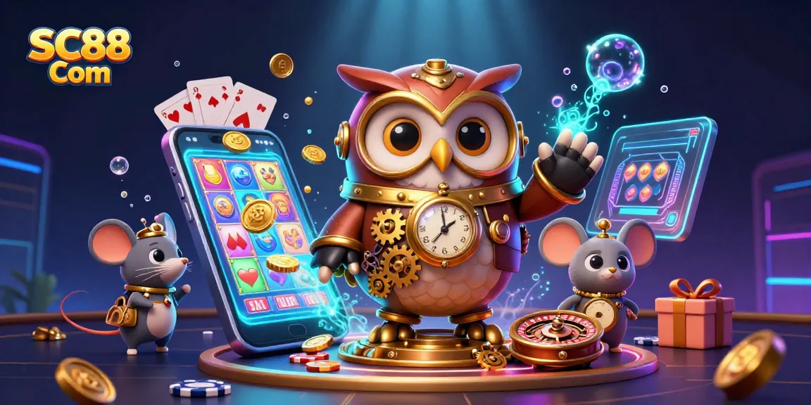 Experience the excitement of SC88 Com with this vibrant casino illustration featuring a time-traveling owl.