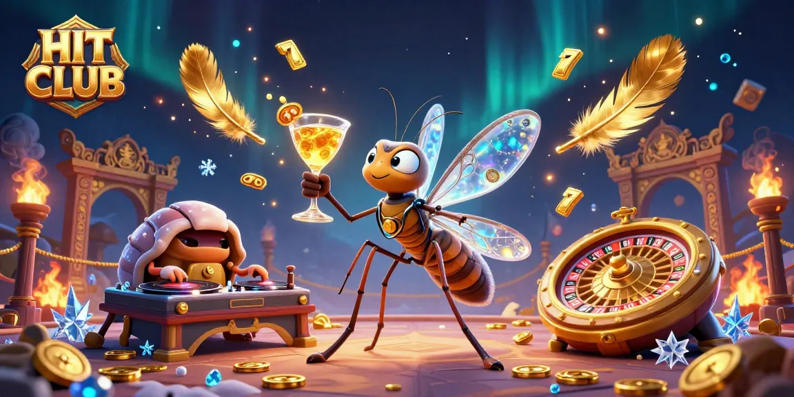 Engage in thrilling gameplay at HIT CLUB with golden roulette and lively casino mascots.