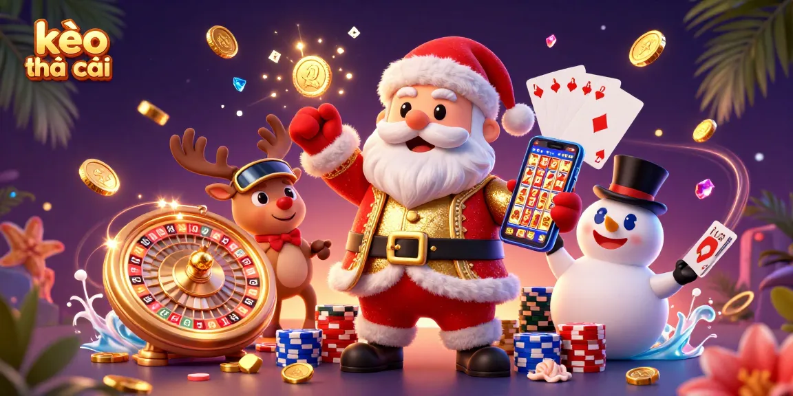 Experience thrilling gains with kèo nhà cái as Santa, his reindeer, and snowman celebrate in a vibrant casino atmosphere.