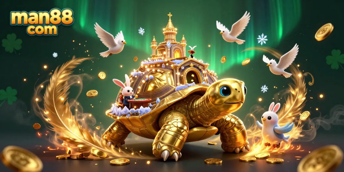 Experience thrilling wins at man88 com with this playful 3D casino scene of a rabbit dealer and a golden tortoise.