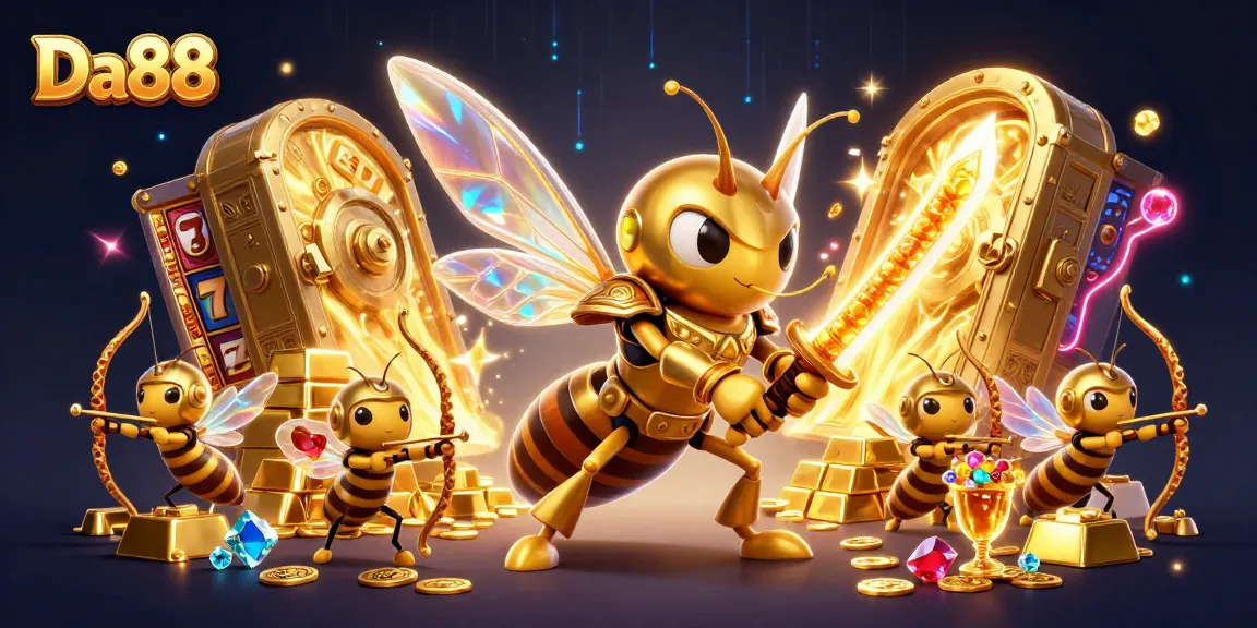 Play Da88 and win big as golden hornets battle in an animated casino treasure scene.
