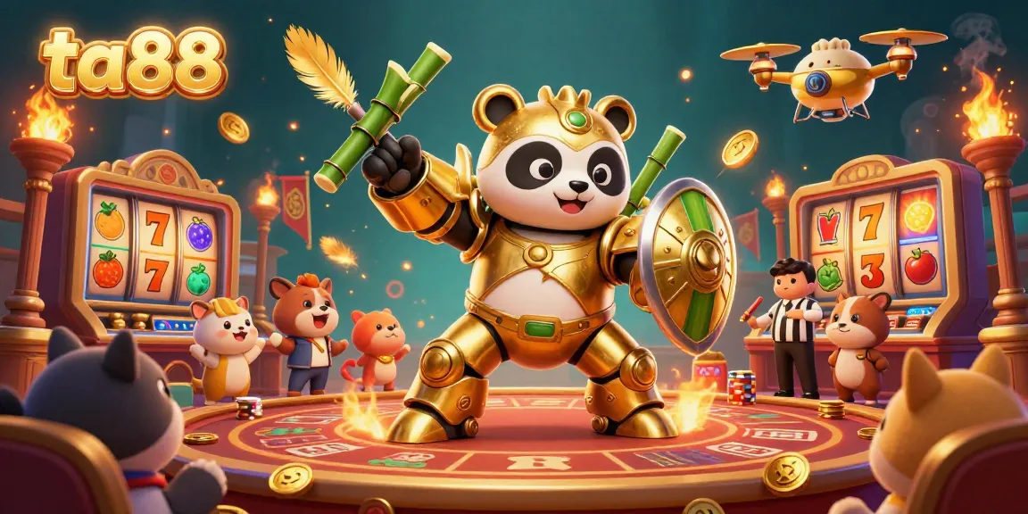 Experience the thrill of gaming with ta88's cartoon panda piloting a robot in a vibrant casino arena.