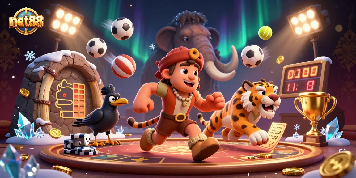 Experience thrilling gameplay at net88 with casino-themed cavemen and sabertooth tiger duo!