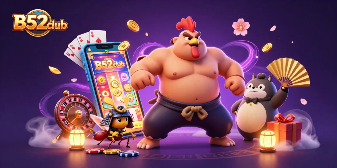 B52club players exploring dynamic games with a powerful sumo rooster, fierce cricket, and tanuki announcer.