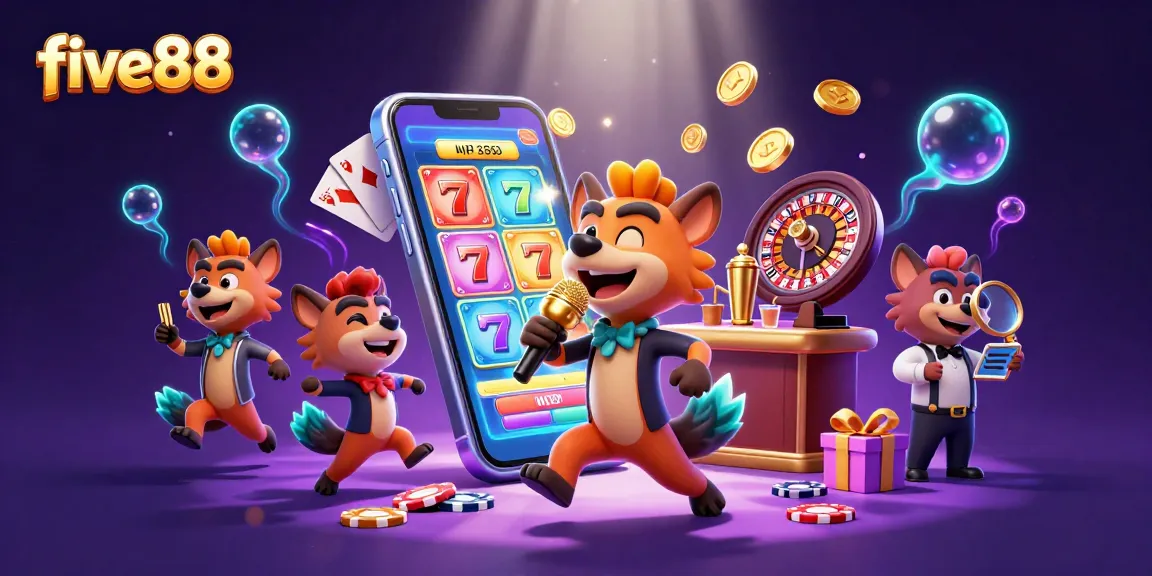 Catch the comedy action at five88's casino with hyenas performing and vibrant slot games lighting up the scene.
