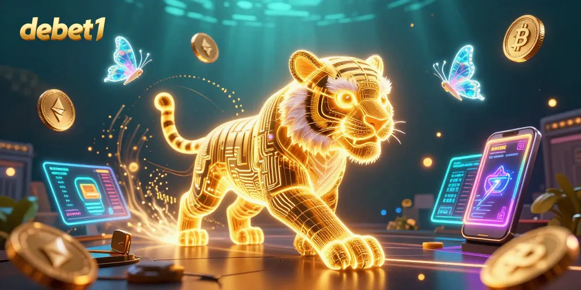 Experience debet1 with a neon-wireframe golden tiger in a vibrant digital casino scene