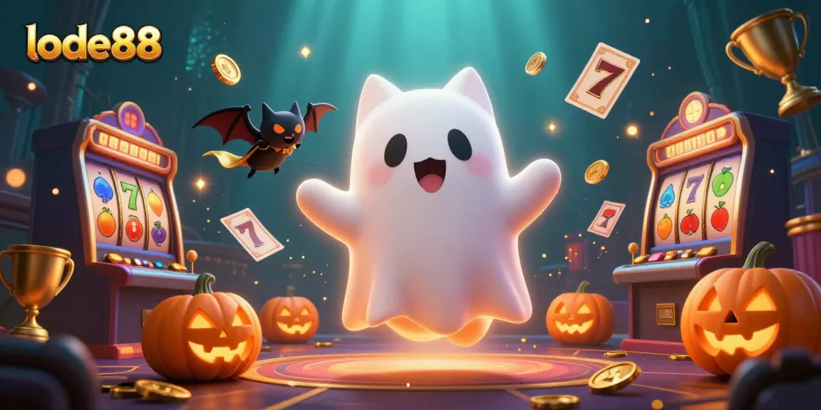 Experience lode88 with a floating ghost cat in a vibrant haunted casino atmosphere filled with slot reels.