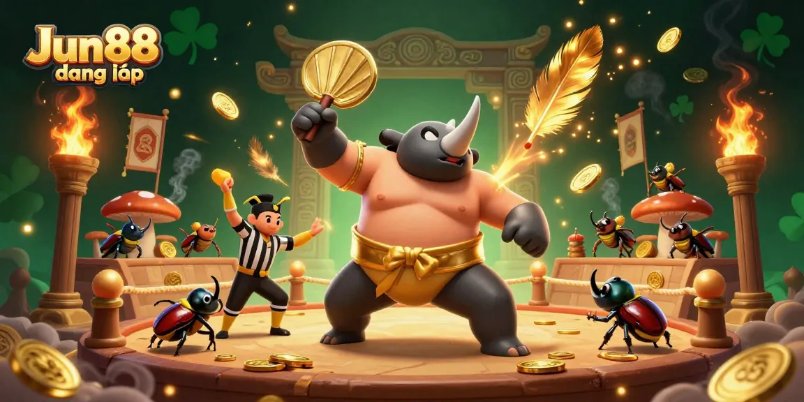 Experience Jun88 đăng nhập as the rhinoceros beetle champion stomps gold coins in a thrilling online casino scene.