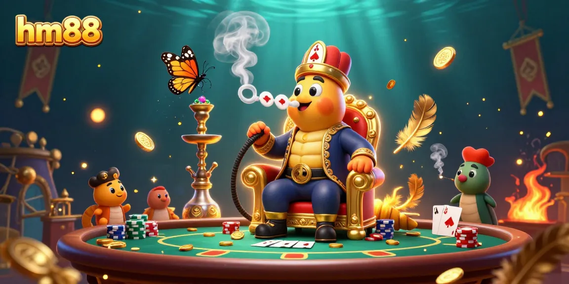 Experience the excitement of hm88 with a vibrant casino setting featuring poker symbols, golden coins, and unique characters.