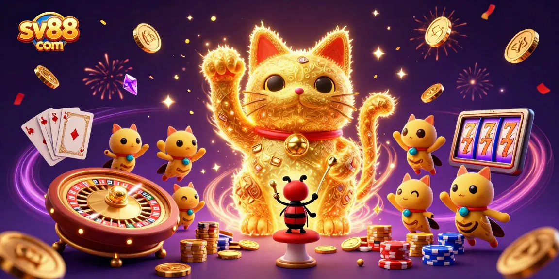 Experience sv88 com's vibrant world of casino magic with a lucky cat and dynamic gaming elements.