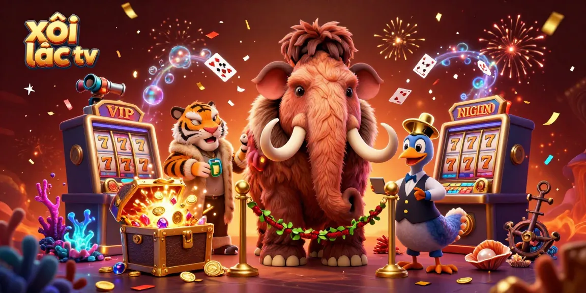Xôi lạc tv offers an exciting online gambling scene with vibrant casino elements amidst playful characters.