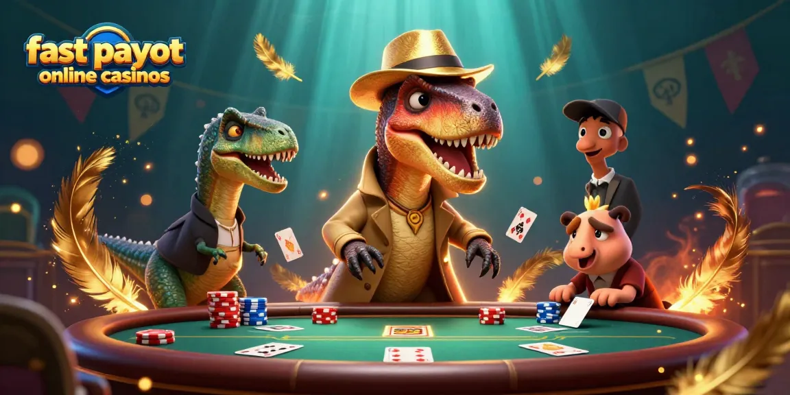 Engage with fast payout online casinos featuring a cartoon velociraptor card counter and stegosaurus pit boss.