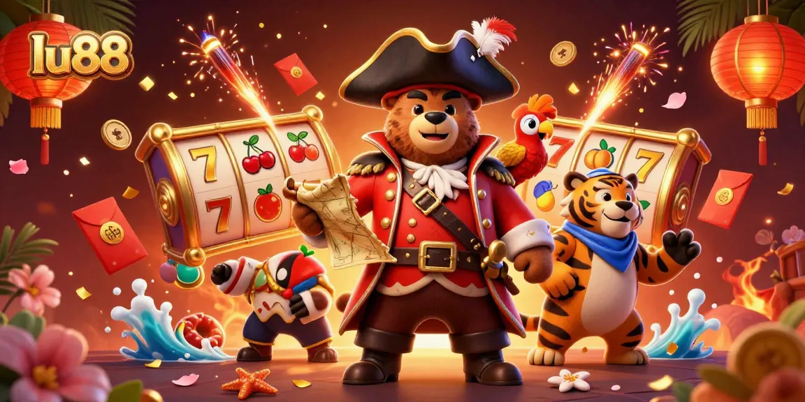 Engage with the vibrant slots action at lu88, featuring pirate characters and festive gambling elements.