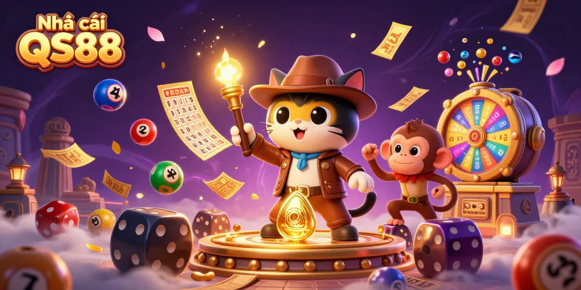 Experience the thrill of Nhà cái QS88 with an adventurous cat exploring a vibrant casino world.