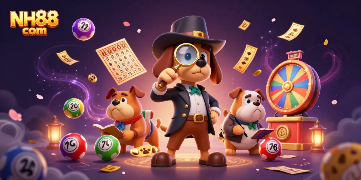 Experience vibrant action at NH88 com with a detective uncovering treasures amidst lottery games and colorful prizes.