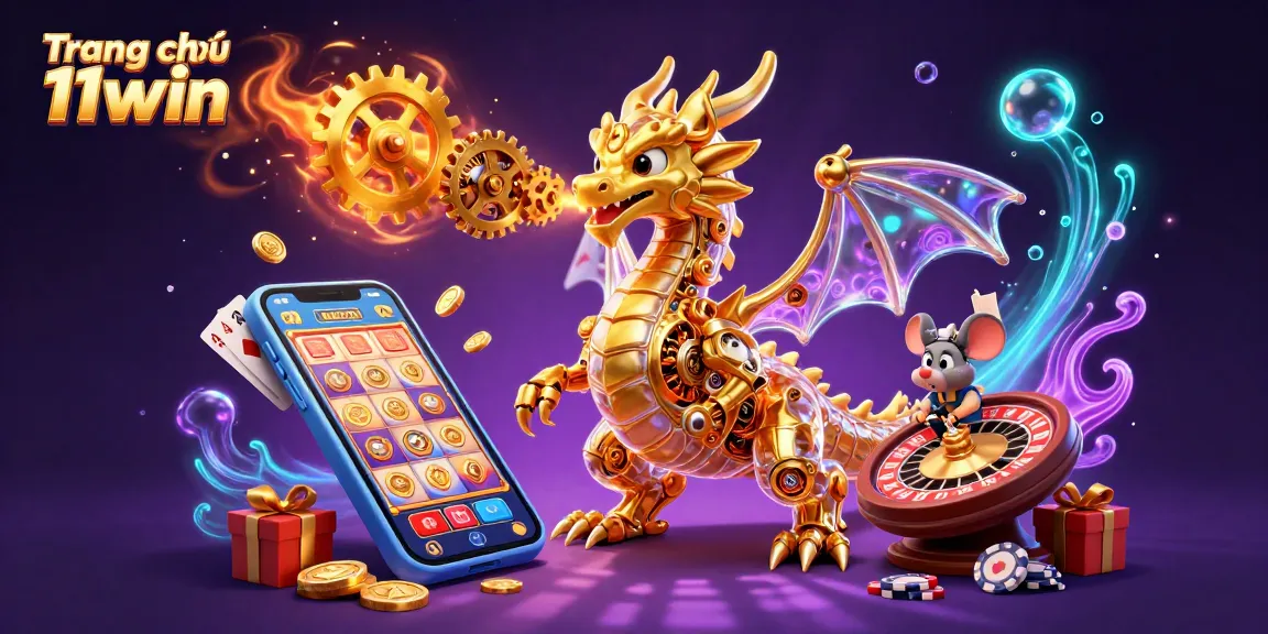 Experience thrilling action on Trang chủ 11win with a vibrant 3D casino illustration featuring a golden dragon and slot games.