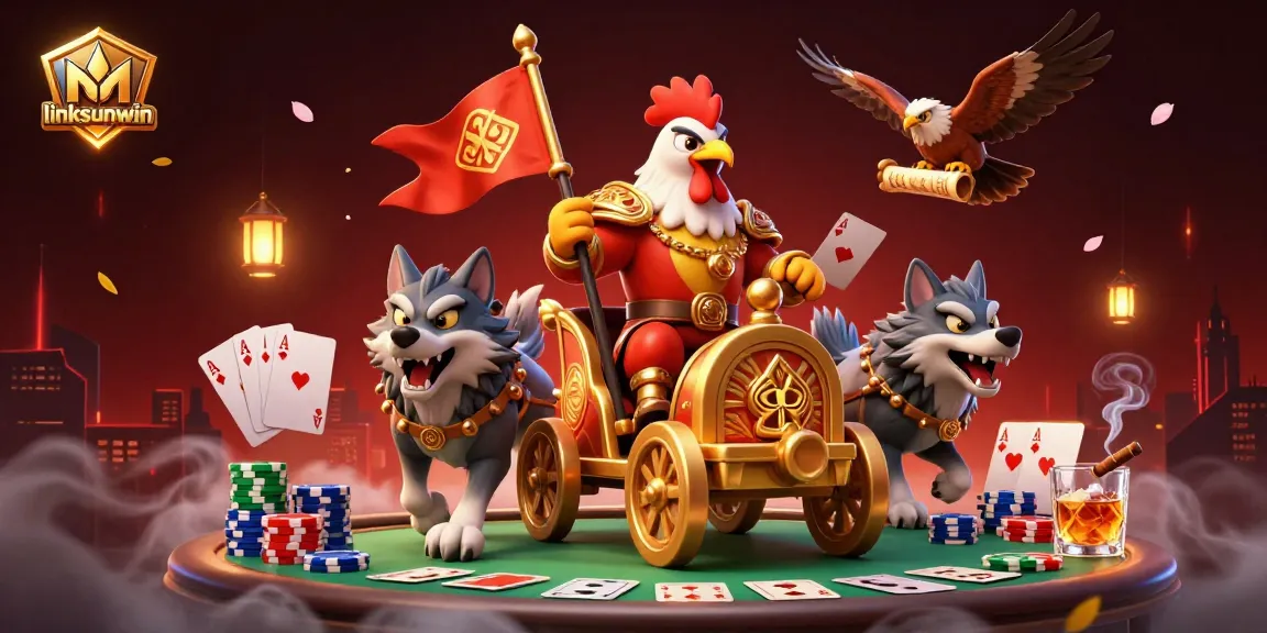 Experience the electrifying scene of linksunwin with a rooster warlord and poker elements in action.