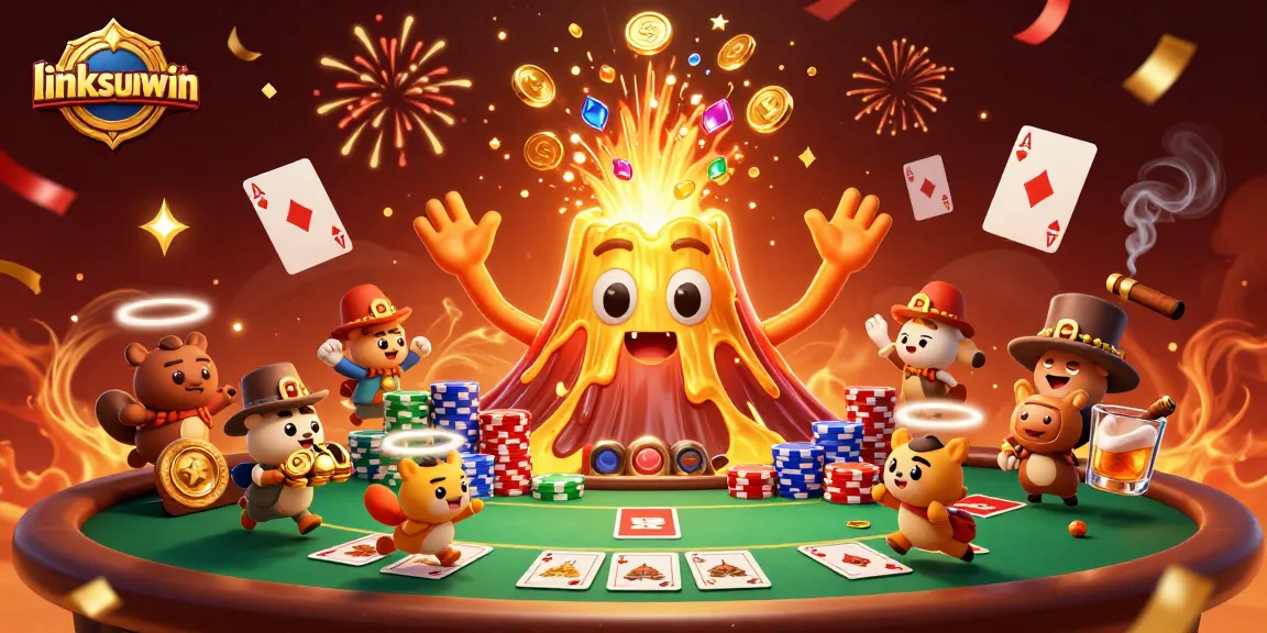 Experience the excitement at linksunwin with a golden volcano and epic poker scene.