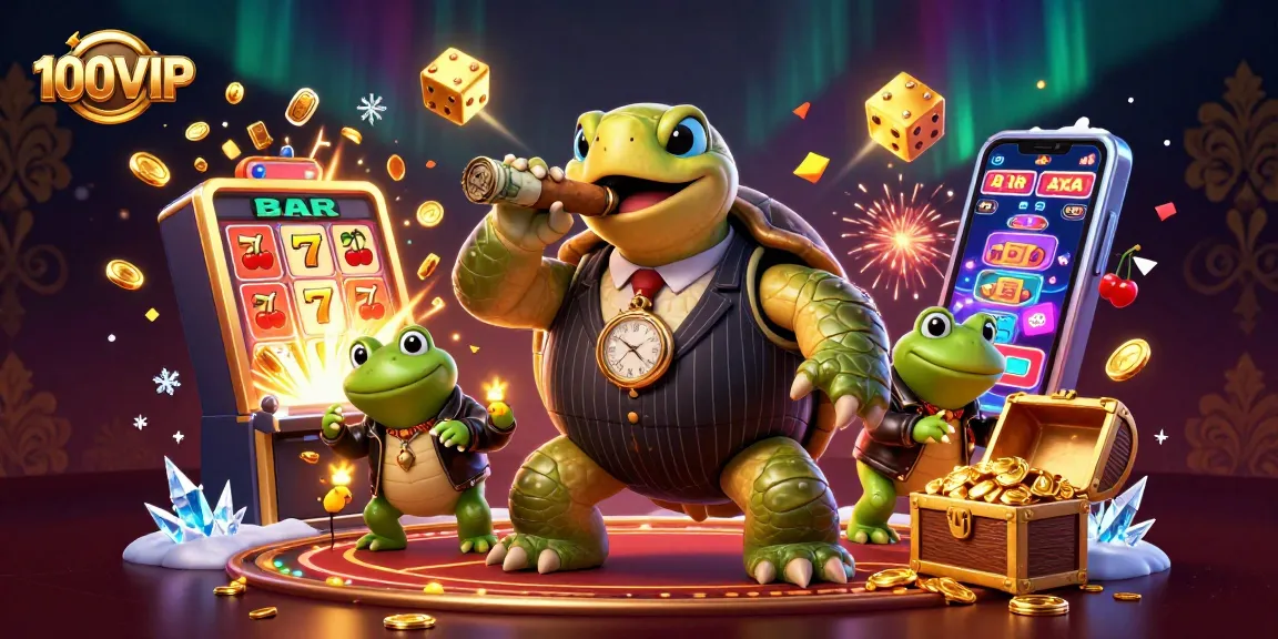Engage with 100VIP in a vibrant casino scene featuring a turtle in mobster attire surrounded by dynamic gaming elements.
