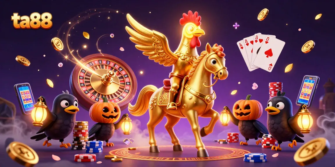 Experience ta88 gameplay with a vibrant 3D illustration featuring exciting casino elements and characters.